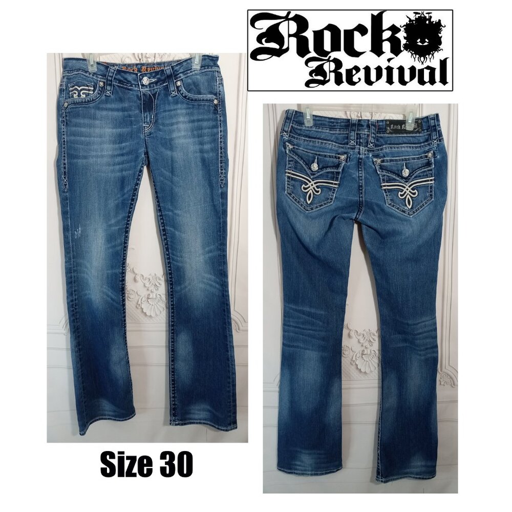 Rock Revival Sz 30 Kristen Bootcut Jeans Women's Low Rise Flap Pocket Med Wash